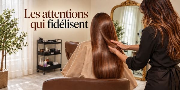 Une professionnelle apporte une attention de finition aux cheveux de sa cliente — Les attentions qui fidélisent. Image