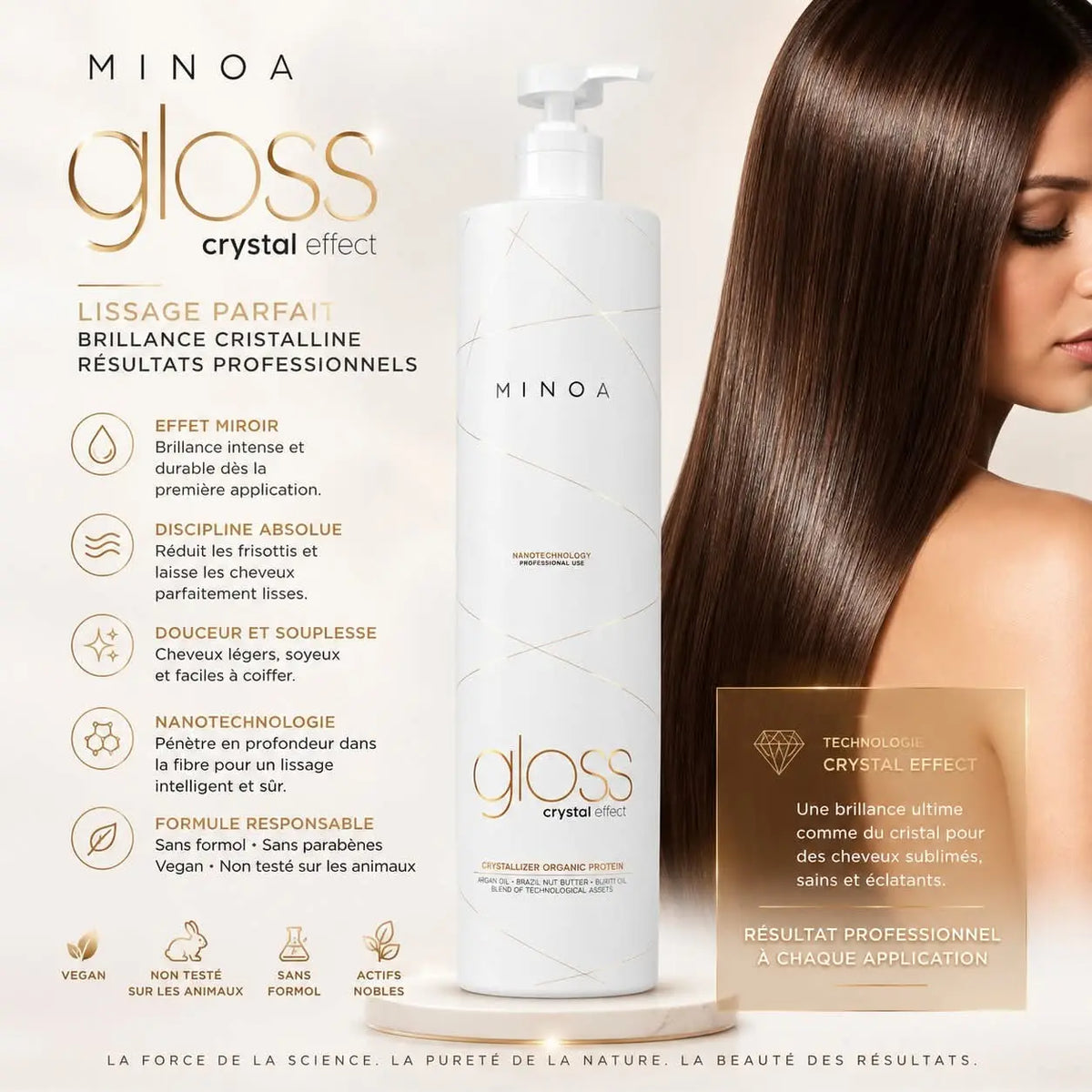 Lissage tanin Minoa Gloss Crystal Effect 1L résultat lisse et brillant